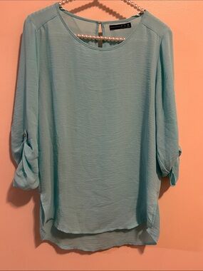 Atmosphere Mint Blue Roll Tab Sleeve Blouse Size 6